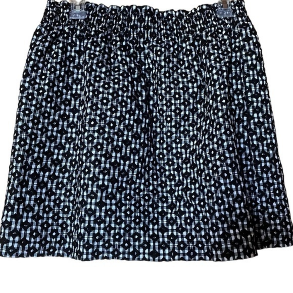 J.Crew Gingham Mini Skirt Smocked Pull On Lined Black White Embroidered Size 8
